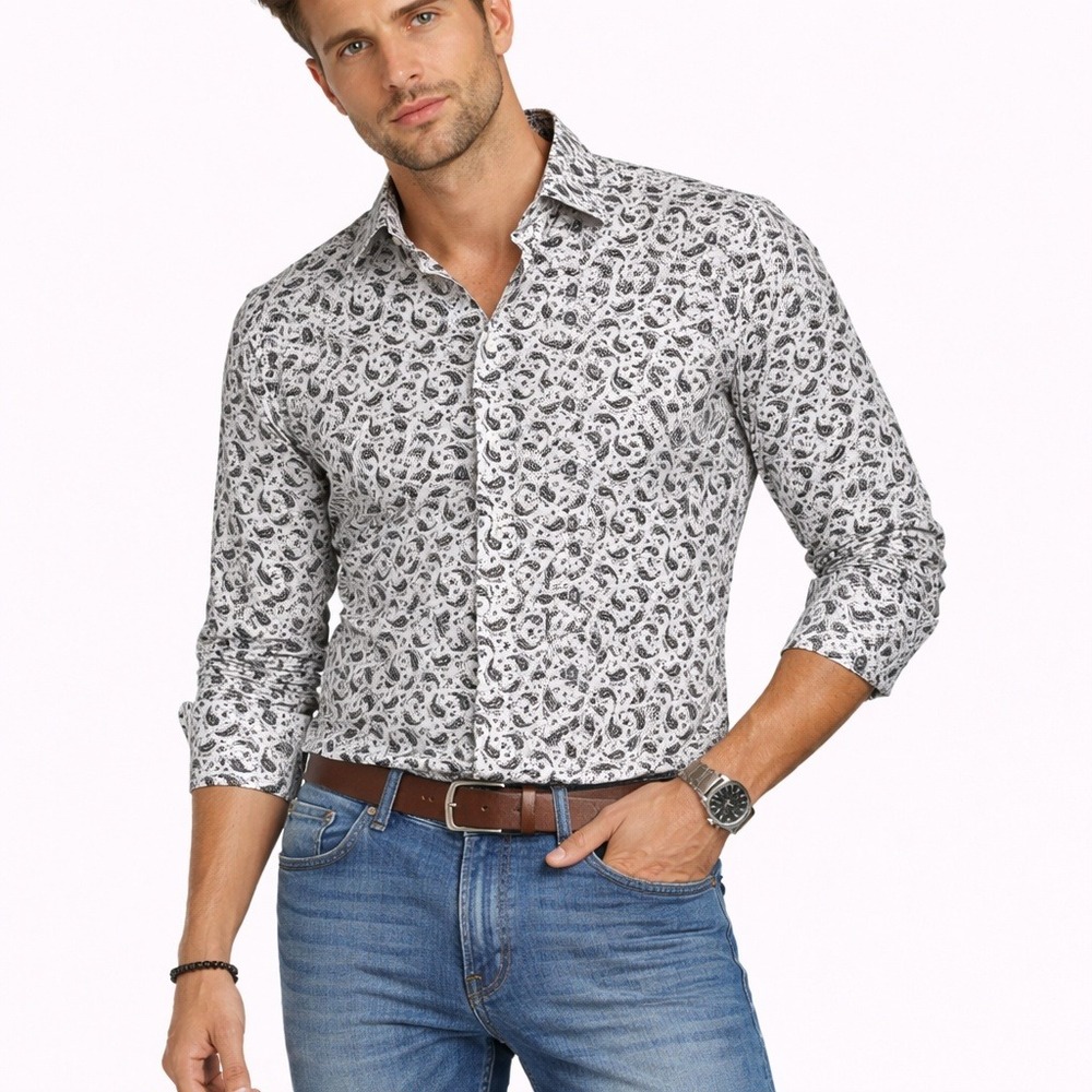 Cremieux Collection Mens XL Button Down Shirt White Black Paisley Cotton LongSlv